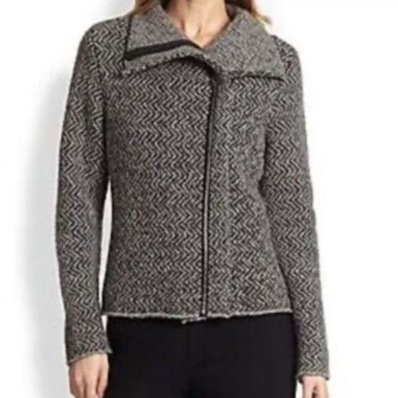 Eileen Fisher Wool Alpaca Blend Asymmetrical Full Zip Sweater Herringbone Sz M - Picture 1 of 6
